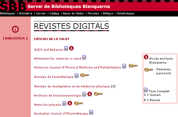 Pàgina de la secció "Revistes digitals" del Servei de Biblioteques Blanquerna