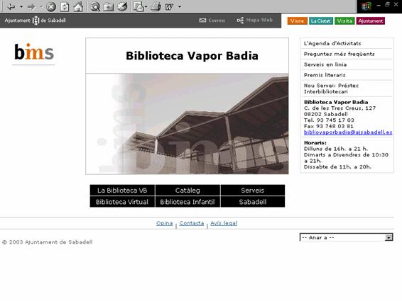 Pàgina inicial del web de la Biblioteca Vapor Badia