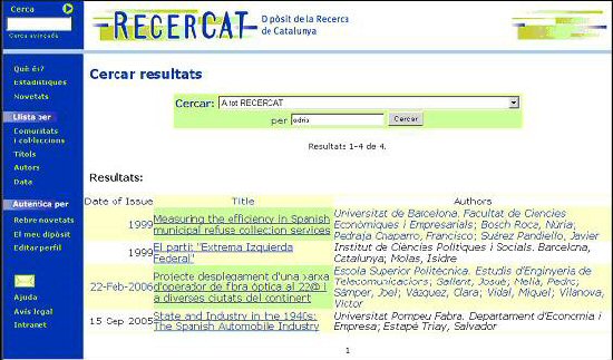 Pàgina de resultats d’una cerca en el dipòsit RECERCAT, elaborat amb DSpace