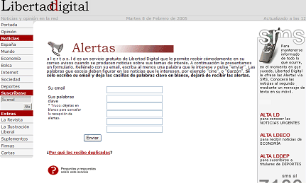 Imagen 3. Formulario de suscripción de las alertas informativas de Libertaddigital.com, ejemplo del modelo C