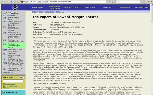 Pàgina inicial de l'instrument de descripció dels Papers of Edward Morgan Forster, als arxius del King's College, Cambridge.