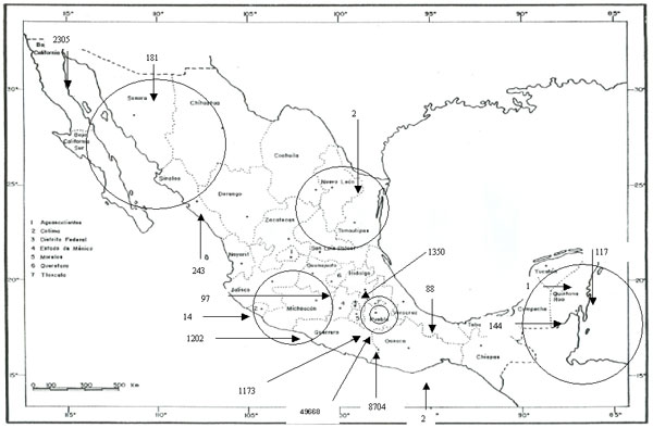 Distribución de citas de acuerdo con las bases de datos de Thomson Scientific por entidad de la República Mexicana.