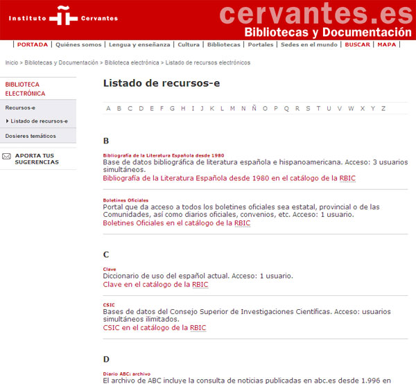 Figura 2: Detalle del interfaz de usuarios  disponible en web de la RBIC