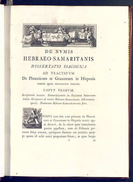 P. 1 de: Pérez Baier, Francesc Vicent, 1711?1794. Perezii Bayerii… De nvmis Hebraeo-Samaritanis. Valentiae Edetanorvm: Ex officina Benedicti Monfort, 1781