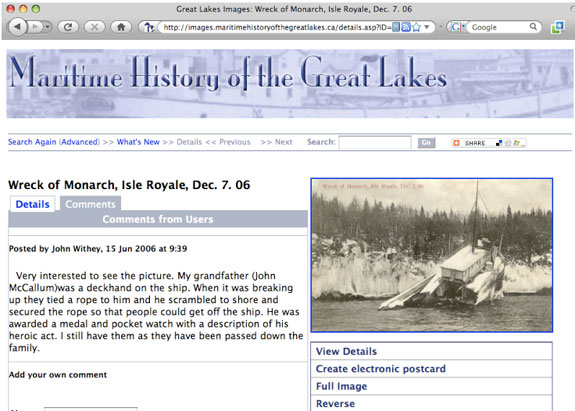Comentari d'un  usuari d'una fotografia històrica al lloc web Maritime History of the Great Lakes, gestionat per la Halton Hills  Public Library d'Ontario, Canadà