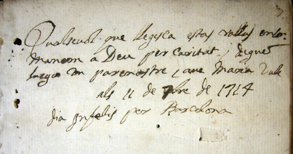 Figura 7.Nota manuscrita encontrada en la hoja de guarda anterior del ejemplar de un  Donato del siglo XVI, ya que se  trata de una gramática, conocida por el nombre del autor