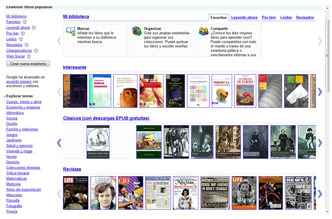 Figura 8. La nueva  página principal de <em>Google Books</em> tal  como la ve un usuario registrado (con "Mi biblioteca" en la parte superior)