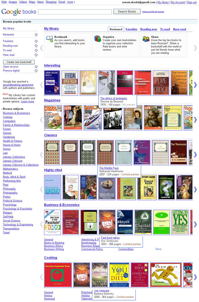 Figura 8. La nova pàgina principal de <em>Google Books</em> tal com la veu un usuari  registrat (amb "La meva biblioteca" a la part superior)