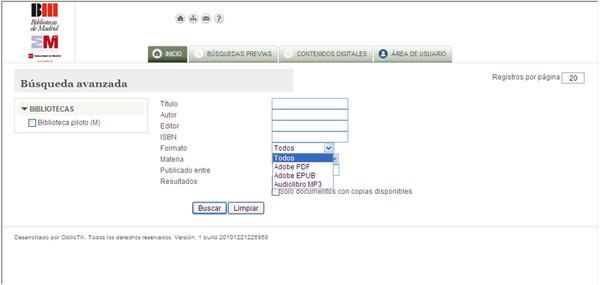 Figura 2. Fragmento de  imagen de la pantalla de búsqueda avanzada del prototipo (Comunidad de Madrid)