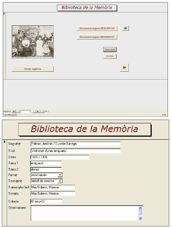 Base de datos: página principal y formulario de registro de documentos