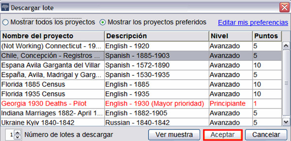 Panel selection lots <em>Familysearch Indexing