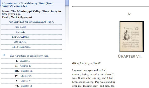 Edición digital de la obra Adventures of Huckleberry Finn disponible al catálogo VIRGO de la University of Virginia Library