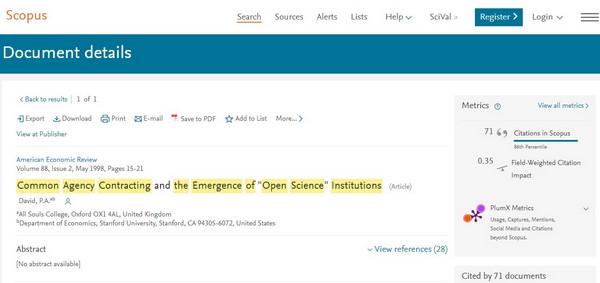 Figura 4. Artículos sobre ciencia abierta con mayor impacto bibliométrico a nivel mundial según Scopus