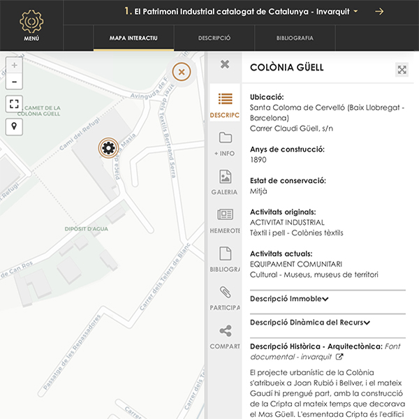 Figura 4. Ejemplo de un elemento concreto de la base de datos: la Colonia Güell, tal como se visualiza en el mapa interactivo Fuente: PatrimoniIndustrial.cat