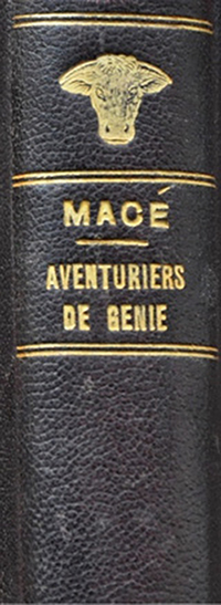 Hierro dorado en el lomo de <em>Aventuriers de génie</span> (1920). En las guardas, el libro incluye el exlibris diseñado por C. G. Underwood y la firma de Toda con fecha de 1913