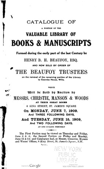 Catálogo de venta de los libros de Henry B. H. Beaufoy (1786–1851) del año 1909, subasta de Christie, Manson & Woods