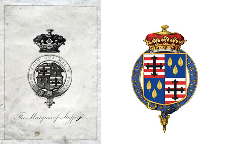 Exlibris amb l'escut heràldic de George Granville Leveson-Gower (1758–1833) en el llibre de Tommas De Santis, <em>Historia del tumulto di Napoli</em> (Leyden, 1652) comprat per Toda