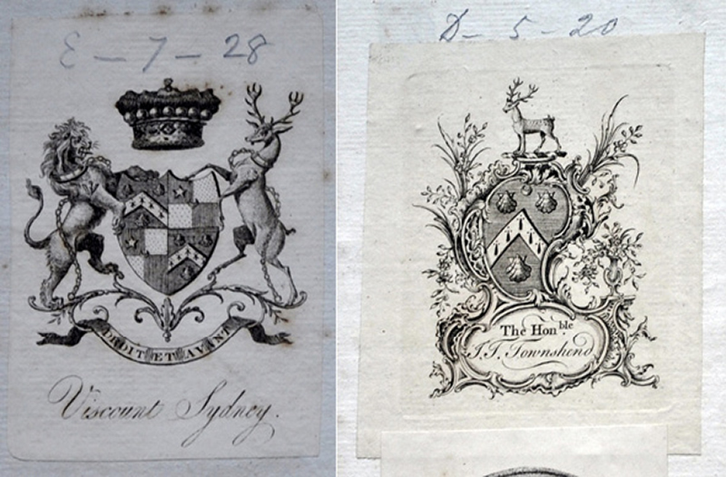 Etiquetas calcográficas con la estampación del exlibris de los vizcondes de Sydney, probablemente de John Thomas Townshend, segundo vizconde de Sydney (1764–1831)