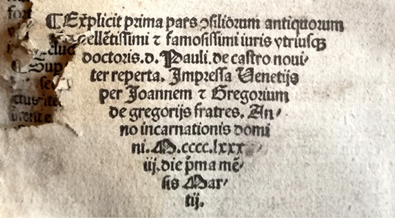 Colofó de l'exemplar de la biblioteca d'Escornalbou dels <em>Consilia antiqua et nova</em> de Paul de Castro (1493). Aquest exemplar no apareix en la fitxa de l'edició del catàleg de títols breus Incunabula.