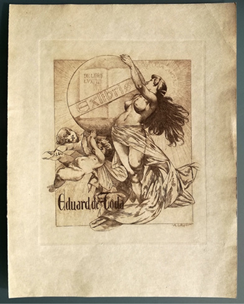 Exlibris calcogràfic a l'aiguafort en tinta sèpia d'"Eduard de Toda", signat al peu per A. de Riquer. Arxiu Històric de la Ciutat de Barcelona, AHCB3-041/5D64-01/02. 28,5 x 22 cm (petjada de la planxa, 20 x 16 cm).
