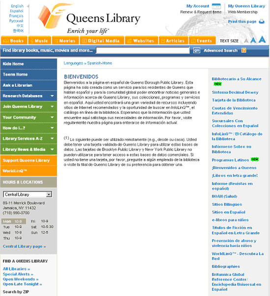 Figura 1. Web en castellà de la biblioteca de Queens