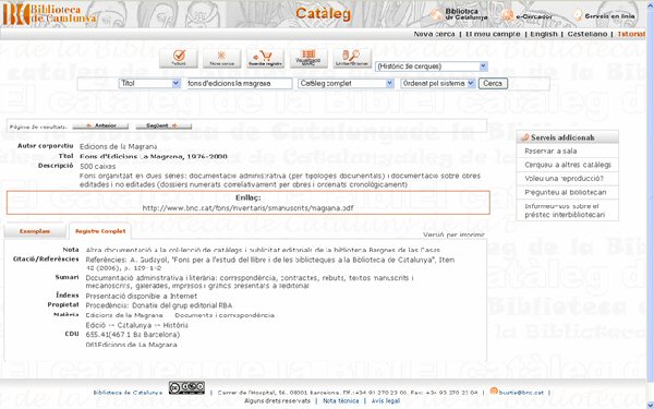 Registro, en la visualización de usuario, del  fondo Edicions de la Magrana en el catálogo de la Biblioteca de Catalunya.