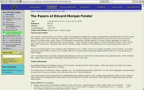 Página con la descripción de la serie "Correspondence of E.M. Forster and  his family", del fondo Papers of  Edward Morgan Forster, en los archivos del King's College, Cambridge