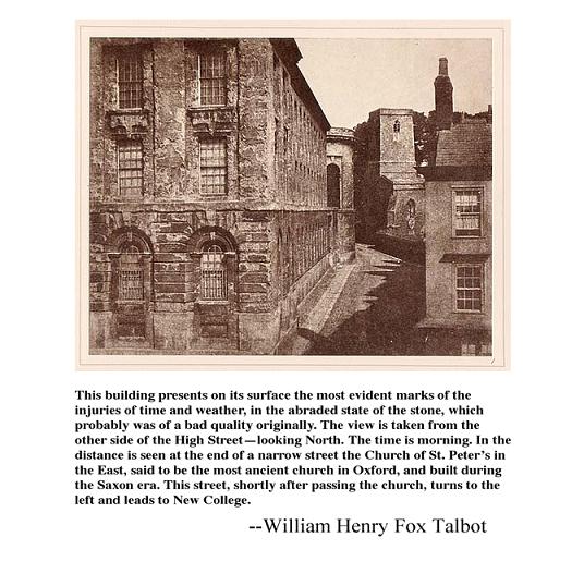Henry Fox Talbot. Part del Queen's College (Oxford). [The pencil of nature, part 1, pl. 1, s/d]. De les reproduccions de Larry J. Schaaf, de The pencil of nature, d'H. Fox Talbot, fax de l'aniversari (New York: Hans P. Kraus, Jr. Inc., 1989). Utilitzada amb permís