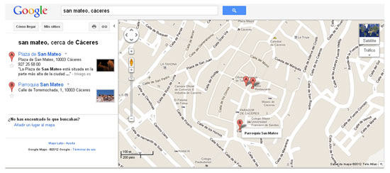 Figura 1. Localización  precisa en Google Maps (aunque errónea en este caso) de la Iglesia de San Mateo  en la Ciudad Monumental de Cáceres