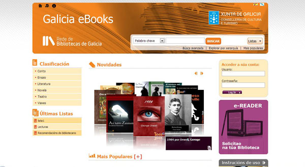Figura 3. Página inicial de la plataforma de  préstamo de libros electrónicos de la Red de Bibliotecas de Galicia: Galicia  eBooks