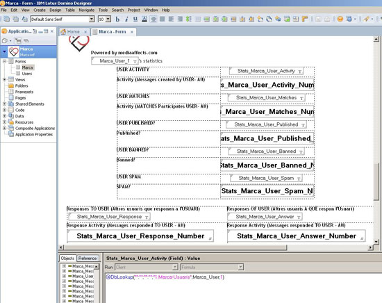Figura 4. Diseño del formulario de usuarios, en el que se puede ver la programación en  @Formulas de Lotus Notes
