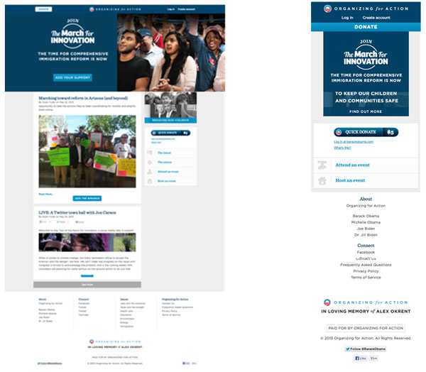 Figura 2. Esquerra:  pàgina web responsive del president  dels EUA, Barack Obama, vista des d'un MacBook Pro 13' (pantalla de 1280 x 800 px). Dreta: pàgina web responsive del president dels EUA, Barack Obama, vista en un iPhone4 (pantalla de 960 x 640 px).