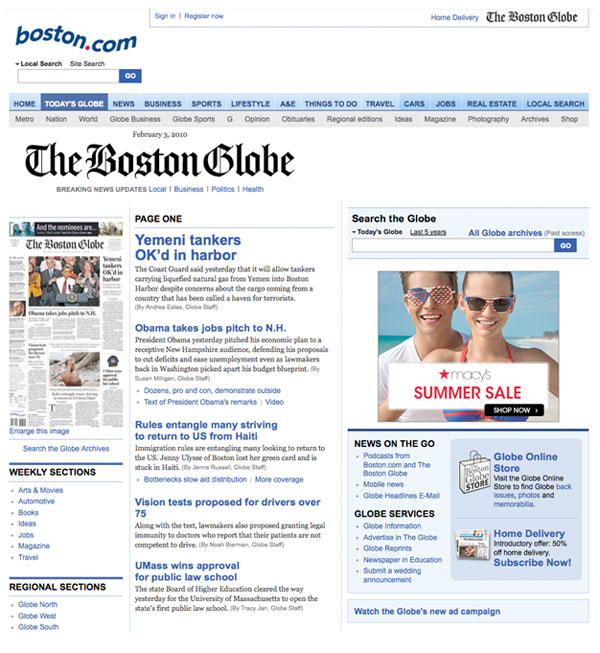 Figura 8: Aspecto de la web del Boston  Globe en febrero de 2010 (sin diseño responsive).
