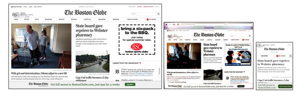 Figura 9.  Visualitzacions del The Boston Globe: versió de taula (esquerra), versió  iPad (centre) i versió iPhone (dreta). Imatges preses el 09/07/2013.