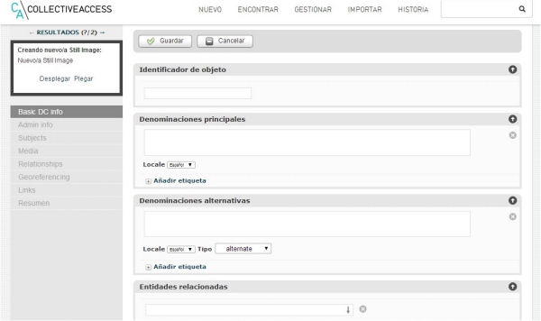 Fragment del formulari de catalogació disponible en una instal·lació amb el perfil de metadades Dublin Core
