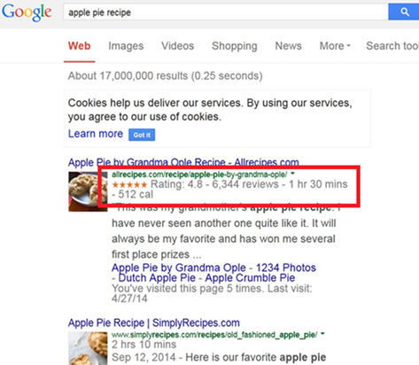 Entrada con datos enriquecidos en los resultados de la búsqueda "apple pie recipe" en Google