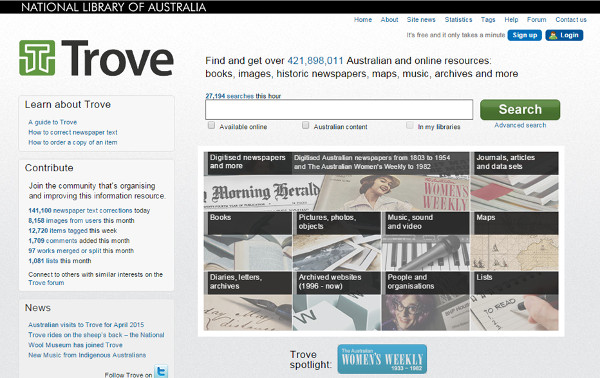 Main screen of project Australian Newspapers Digitalisation Program in Trove