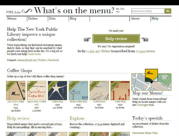 Home screen of project What's on the Menu? at NYPL