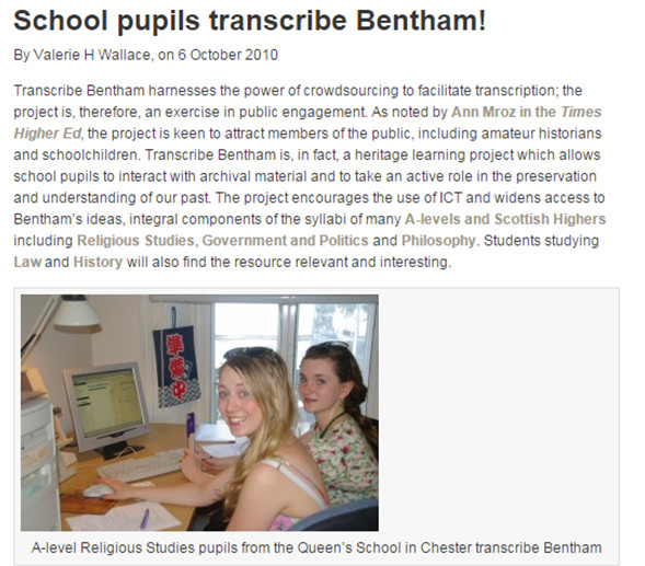 Página donde se muestra como estudiantes participan en el proyecto Transcribe Bentham