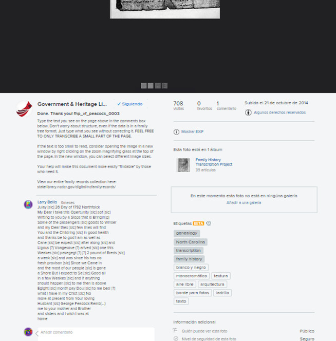 Muestra de la red social Flickr y las transcripciones mediante comentarios en Genealogy Vertical File Transcription Project