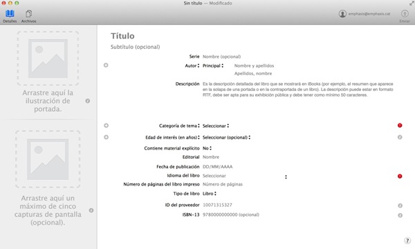 Figura 2. Camps del formulari d'incorporació de metadades aTrabajar con iTunes, per donar d'alta un llibre a l'iTunes Store