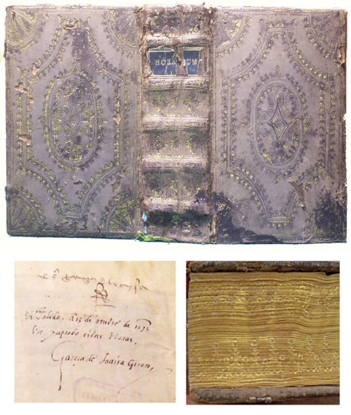 Figura 4. Enquadernació de ventalls (sign. 34-71). Inscripció manuscrita: "A Toledo, el 13 d'octubre de 1573, va veure i va aprovar aquestes Hores (amb la seva signatura autògrafa) García de Loaisa Girón". Detall de tall del davant daurat i cisellat amb petits ferros solts
