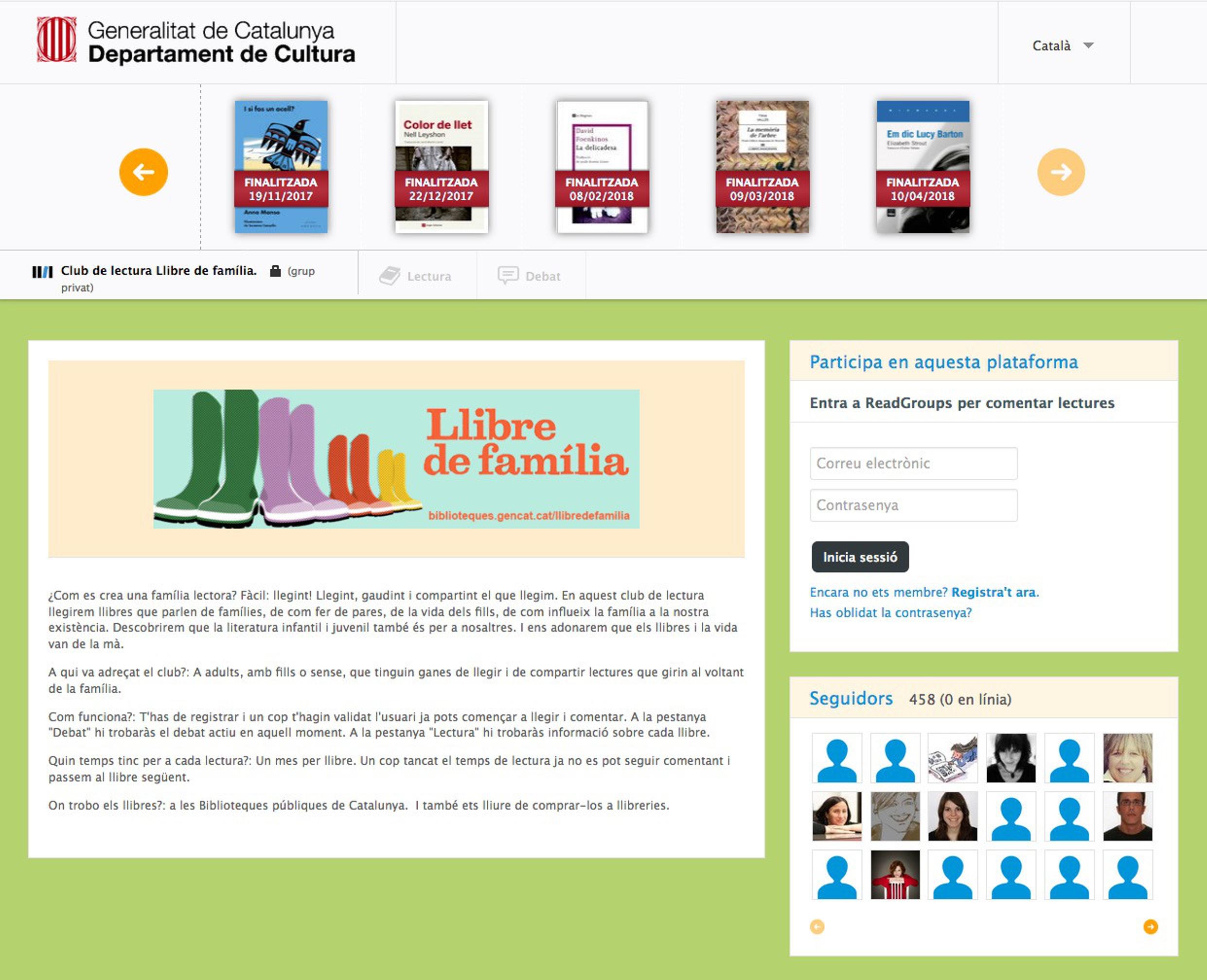 Imatge 1. Captura de pantalla de la plataforma del club de lectura "Llibre de família"