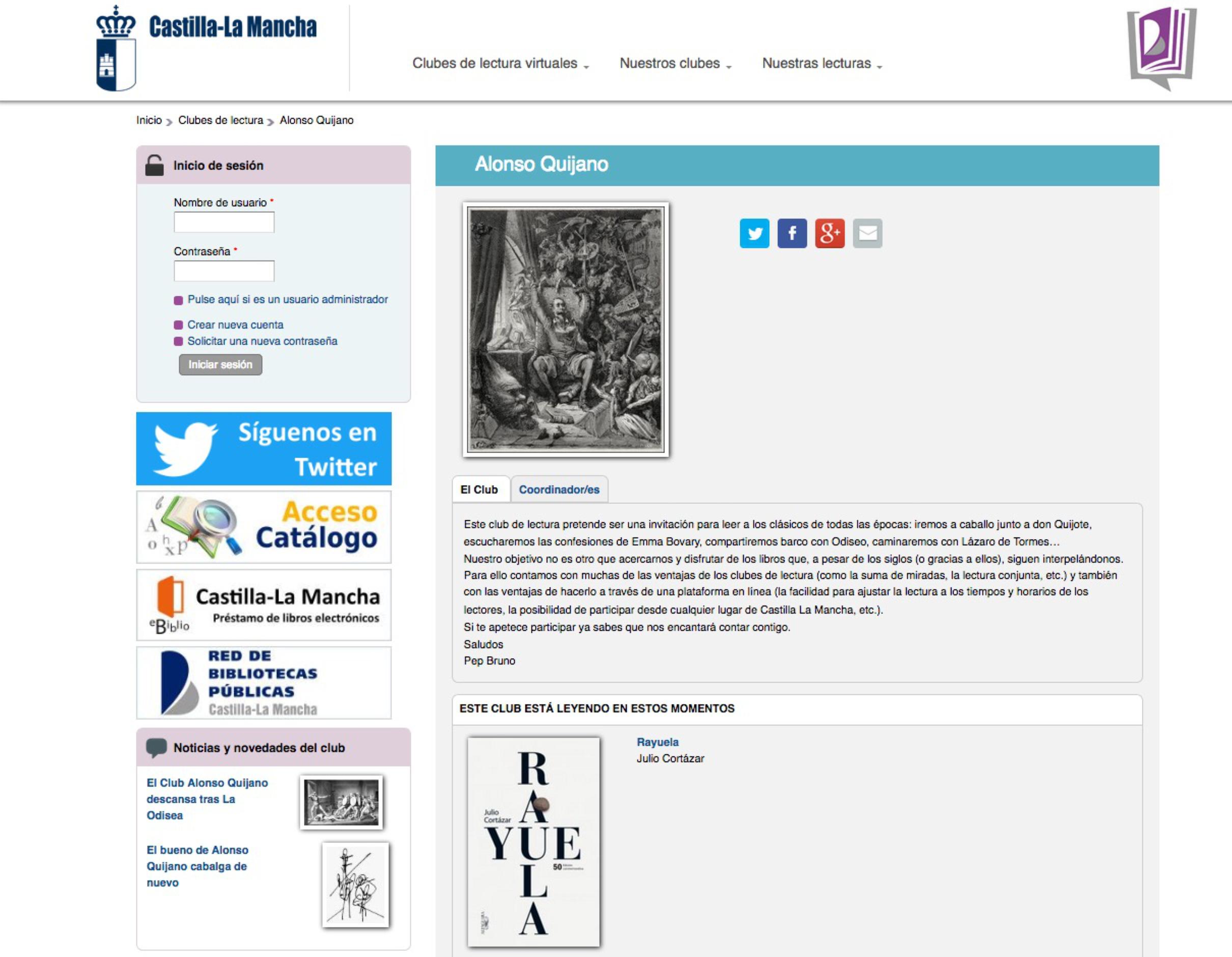 Imatge 2. Captura de pantalla de la plataforma del club de lectura "Alonso Quijano"
