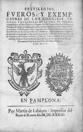 Figura 1. Portada. Previlegios, fueros y exempciones de los conceios… (1633). Font: Archivo General de Navarra: FBA/309