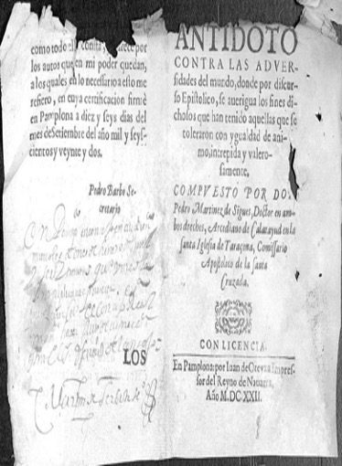 Figura 2. Portada. Antidoto contra las adversidades del mundo (1622). Font: Archivo General de Navarra, Procesos, n.º 163782