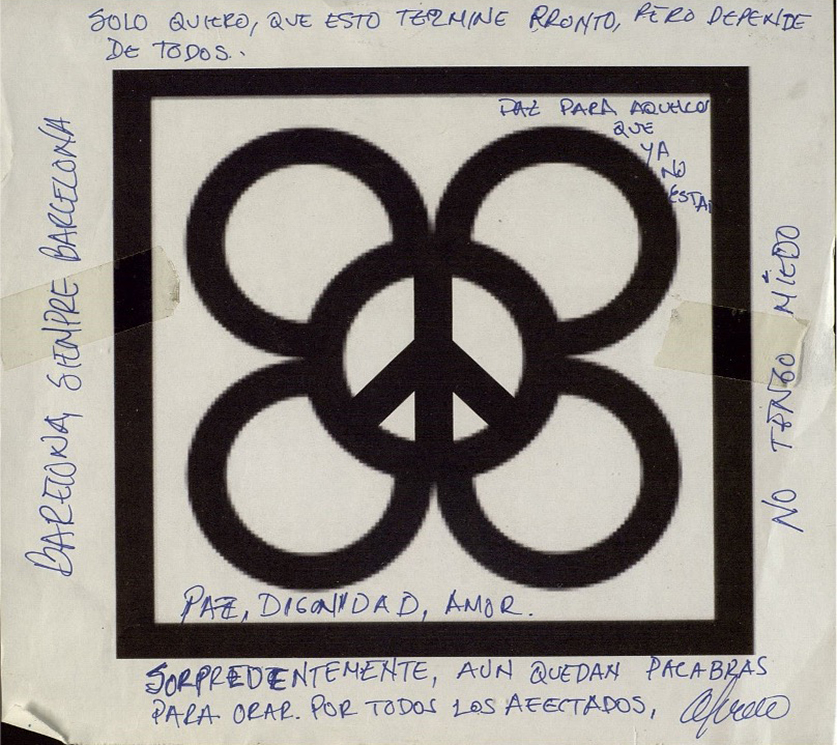 Figura 2. Document deixat al llarg de la Rambla com a mostra de condol i suport a les víctimes de l'atemptat de Barcelona del 2017. Font: Arxiu Municipal Contemporani