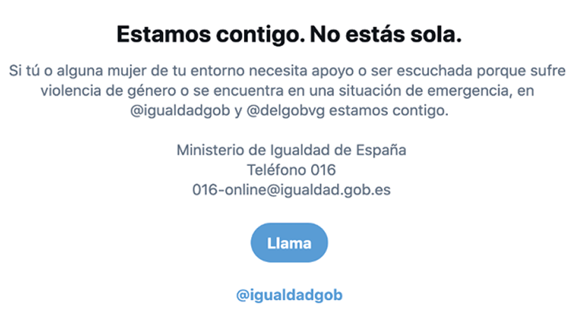 Figura 1. Aviso en Twitter del Ministerio de Igualdad de España. Fuente: Twitter