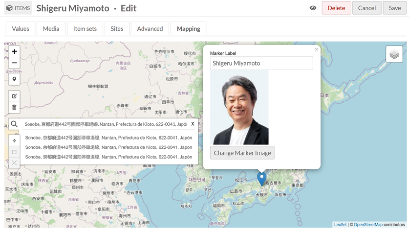 Figura 11. Interfaz del módulo para añadir información geográfica a los objetos digitales. Fuente: captura de pantalla del autor