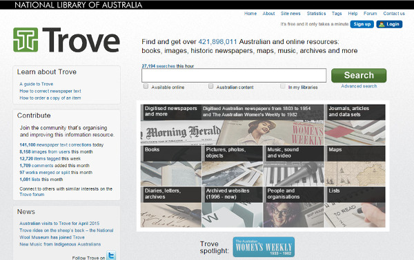 Main screen of project Australian Newspapers Digitalisation Program in Trove